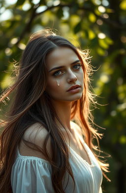 A beautifully emotive scene capturing a woman with long flowing hair, tears streaming down her face, expressing deep emotions