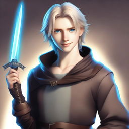 A high-quality digital art image portrays a tall, slim, and strong teenage male with sand-colored hair and bright blue eyes