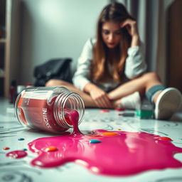 A spilled nail polish bottle with vivid colors flowing out, creating a beautiful messy puddle of nail polish on a stylish surface