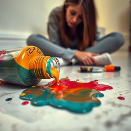 A spilled nail polish bottle with vivid colors flowing out, creating a beautiful messy puddle of nail polish on a stylish surface