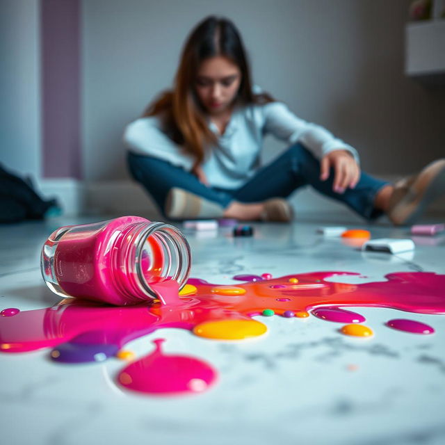 A spilled nail polish bottle with vivid colors flowing out, creating a beautiful messy puddle of nail polish on a stylish surface