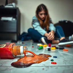 A spilled nail polish bottle with vivid colors flowing out, creating a beautiful messy puddle of nail polish on a stylish surface