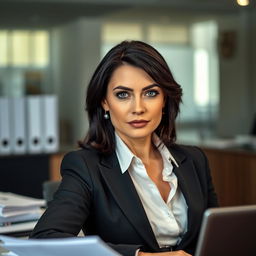 A 35-year-old woman with dark hair and light blue eyes, dressed in elegant office attire