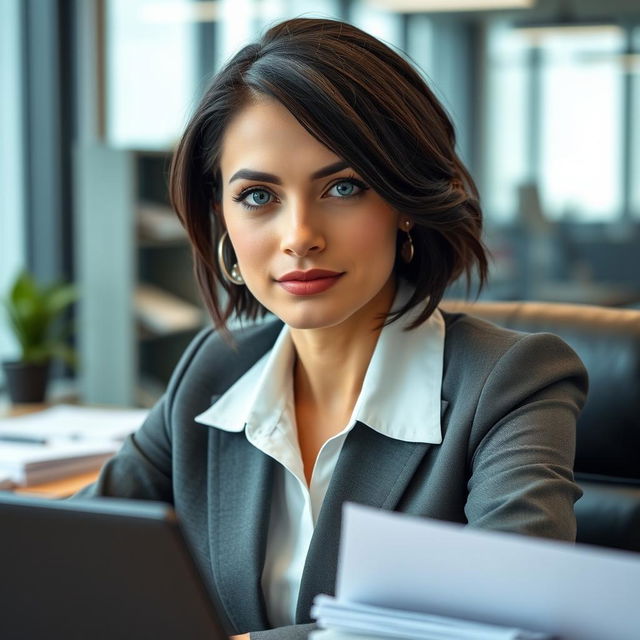 A 35-year-old woman with dark hair and light blue eyes, dressed in elegant office attire