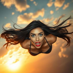 A beautiful black-haired woman with striking blue eyes and bold red lips is gracefully falling from the sky
