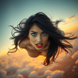 A beautiful black-haired woman with striking blue eyes and bold red lips is gracefully falling from the sky