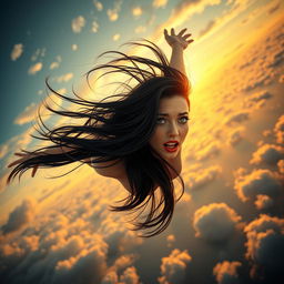 A beautiful black-haired woman with striking blue eyes and bold red lips is gracefully falling from the sky