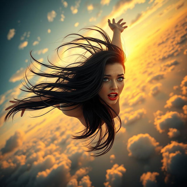 A beautiful black-haired woman with striking blue eyes and bold red lips is gracefully falling from the sky