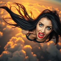 A beautiful black-haired woman with striking blue eyes and bold red lips is gracefully falling from the sky