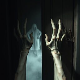 A pair of disembodied hands, eerily pale and bony, pushing against a weathered wooden door