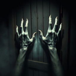 A pair of disembodied hands, eerily pale and bony, pushing against a weathered wooden door