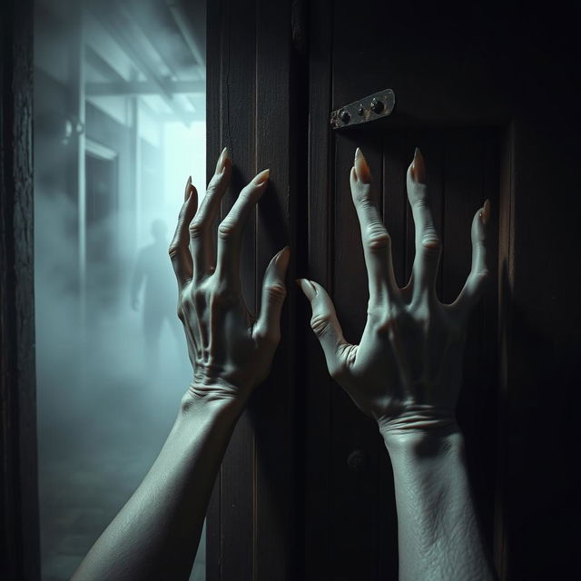 A pair of disembodied hands, eerily pale and bony, pushing against a weathered wooden door