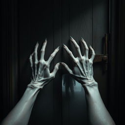 A pair of disembodied hands, eerily pale and bony, pushing against a weathered wooden door