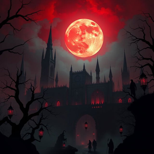 A hauntingly beautiful and atmospheric scene depicting a dark and mystical landscape known as "Blood Moon City"