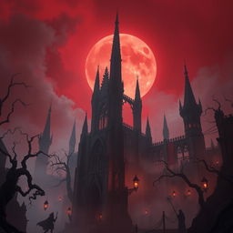 A hauntingly beautiful and atmospheric scene depicting a dark and mystical landscape known as "Blood Moon City"