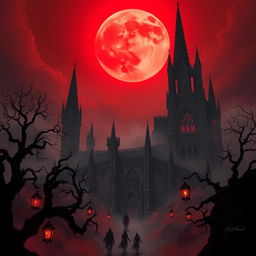 A hauntingly beautiful and atmospheric scene depicting a dark and mystical landscape known as "Blood Moon City"
