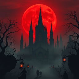 A hauntingly beautiful and atmospheric scene depicting a dark and mystical landscape known as "Blood Moon City"