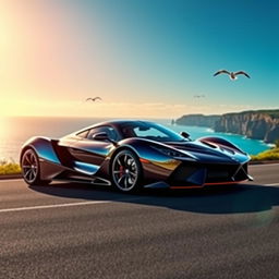 A sleek and powerful supercar, glistening under the sunlight with sharp lines and an aerodynamic design