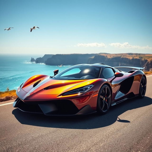 A sleek and powerful supercar, glistening under the sunlight with sharp lines and an aerodynamic design