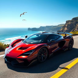 A sleek and powerful supercar, glistening under the sunlight with sharp lines and an aerodynamic design