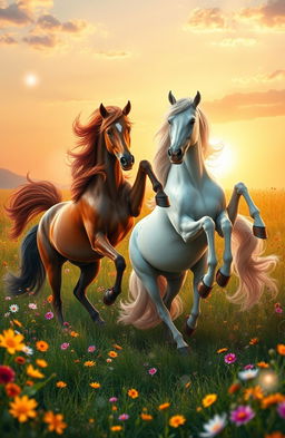 A whimsical scene featuring a group of majestic horses gracefully dancing in an enchanted meadow