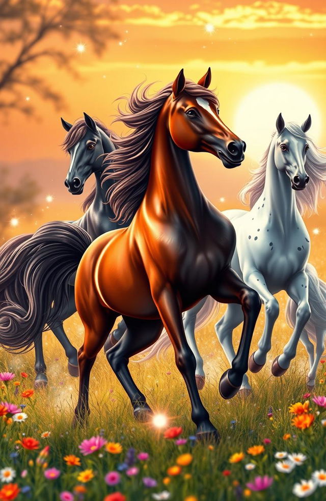 A whimsical scene featuring a group of majestic horses gracefully dancing in an enchanted meadow