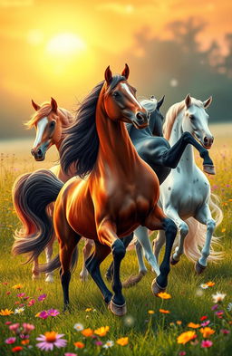 A whimsical scene featuring a group of majestic horses gracefully dancing in an enchanted meadow