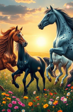 A whimsical scene featuring a group of majestic horses gracefully dancing in an enchanted meadow