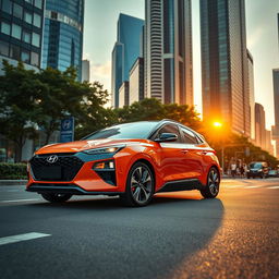 A sleek and stylish Hyundai AtoZ, featuring a vibrant color scheme, modern design elements, and a dynamic pose on a bustling urban street
