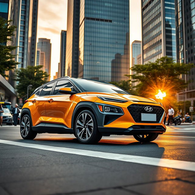 A sleek and stylish Hyundai AtoZ, featuring a vibrant color scheme, modern design elements, and a dynamic pose on a bustling urban street