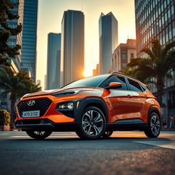 A sleek and stylish Hyundai AtoZ, featuring a vibrant color scheme, modern design elements, and a dynamic pose on a bustling urban street