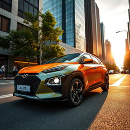 A sleek and stylish Hyundai AtoZ, featuring a vibrant color scheme, modern design elements, and a dynamic pose on a bustling urban street