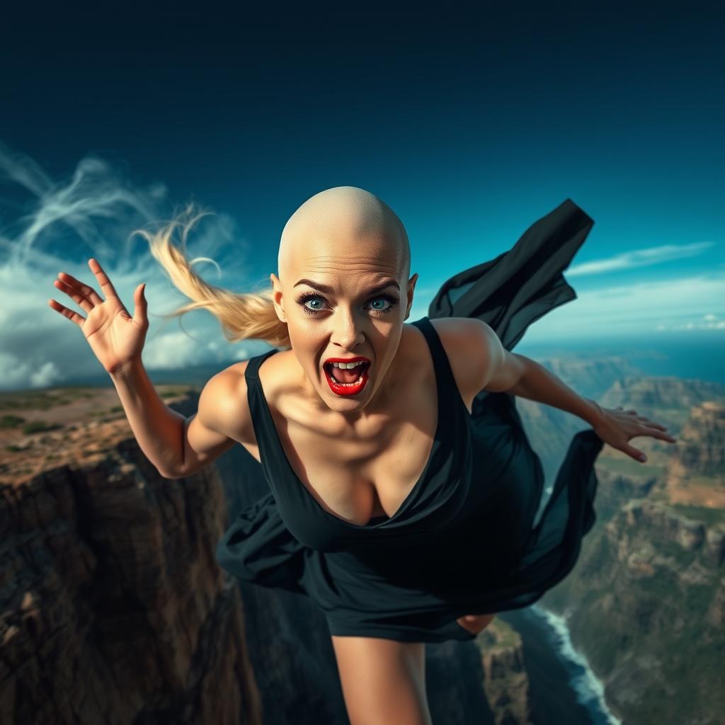 A beautiful bald lady with striking green eyes and alluring red lips, dressed in a revealing black dress that is fluttering in the wind as she falls off a cliff