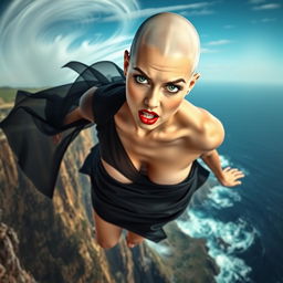 A beautiful bald lady with striking green eyes and alluring red lips, dressed in a revealing black dress that is fluttering in the wind as she falls off a cliff
