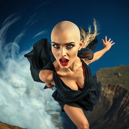 A beautiful bald lady with striking green eyes and alluring red lips, dressed in a revealing black dress that is fluttering in the wind as she falls off a cliff