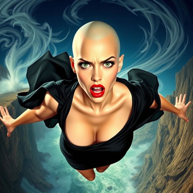 A beautiful bald lady with striking green eyes and alluring red lips, dressed in a revealing black dress that is fluttering in the wind as she falls off a cliff