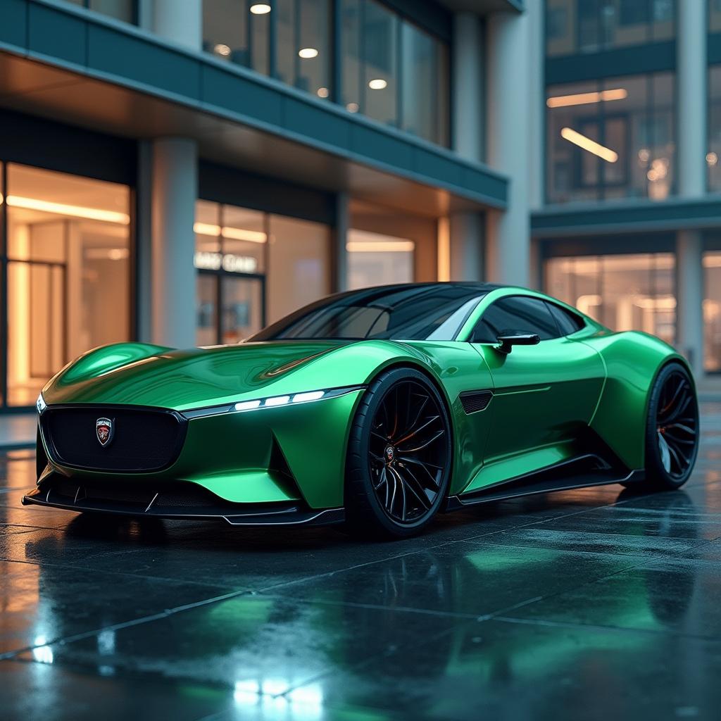 A stunning concept car featuring a wide bodykit design inspired by the 2025 Jaguar aesthetics