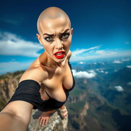 A beautiful bald woman with striking green eyes and vibrant red lips, wearing a revealing black dress that appears to be falling off her
