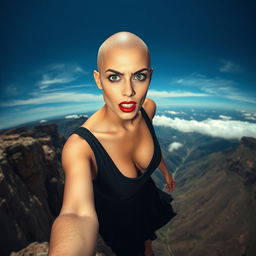 A beautiful bald woman with striking green eyes and vibrant red lips, wearing a revealing black dress that appears to be falling off her