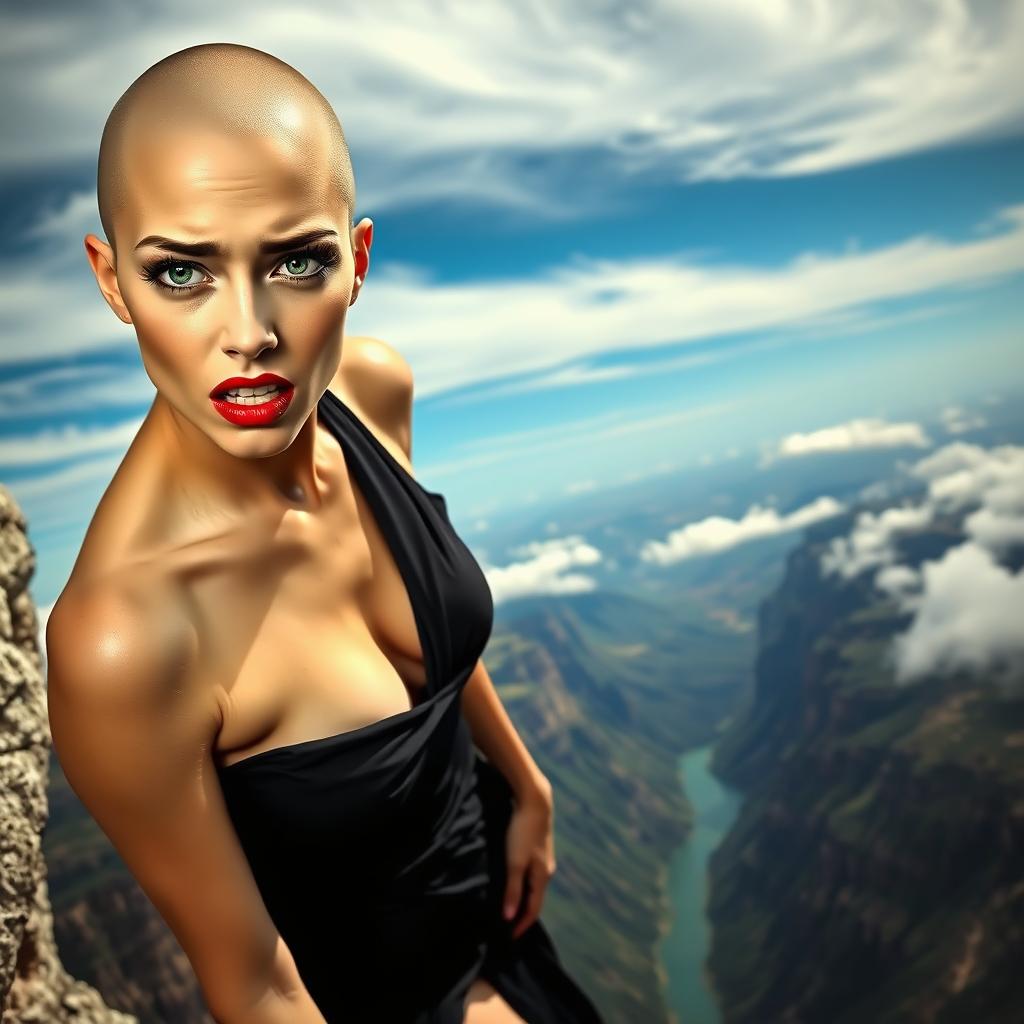 A beautiful bald woman with striking green eyes and vibrant red lips, wearing a revealing black dress that appears to be falling off her