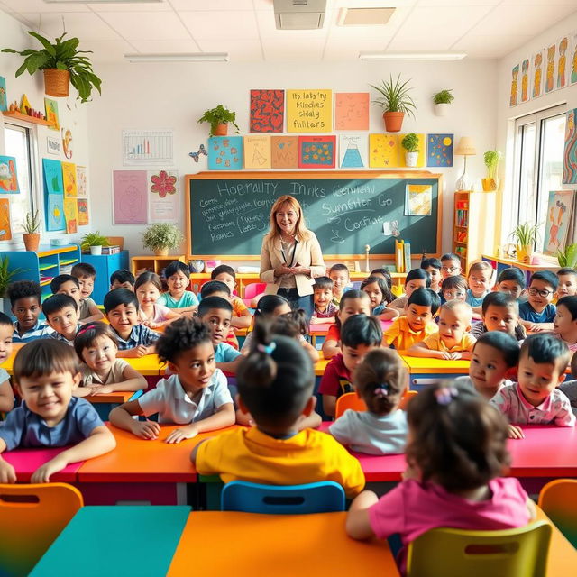 A vibrant classroom scene filled with 20 diverse pupils of various ethnicities, engaged in a lively learning environment