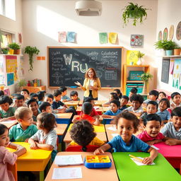 A vibrant classroom scene filled with 20 diverse pupils of various ethnicities, engaged in a lively learning environment