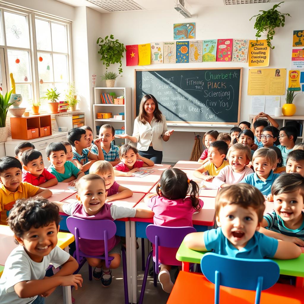 A vibrant classroom scene filled with 20 diverse pupils of various ethnicities, engaged in a lively learning environment