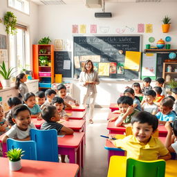 A vibrant classroom scene filled with 20 diverse pupils of various ethnicities, engaged in a lively learning environment