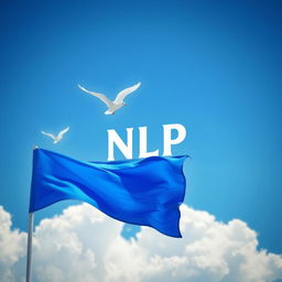 A vibrant scene featuring a bright, waving blue flag in the foreground