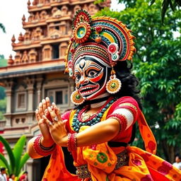 A vibrant and colorful depiction of a Kathakali dancer showcasing the intricate and expressive facial makeup and elaborate costume