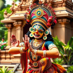 A vibrant and colorful depiction of a Kathakali dancer showcasing the intricate and expressive facial makeup and elaborate costume