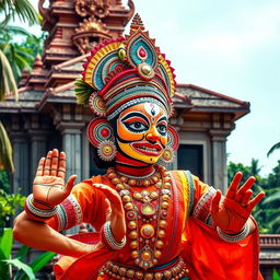 A vibrant and colorful depiction of a Kathakali dancer showcasing the intricate and expressive facial makeup and elaborate costume