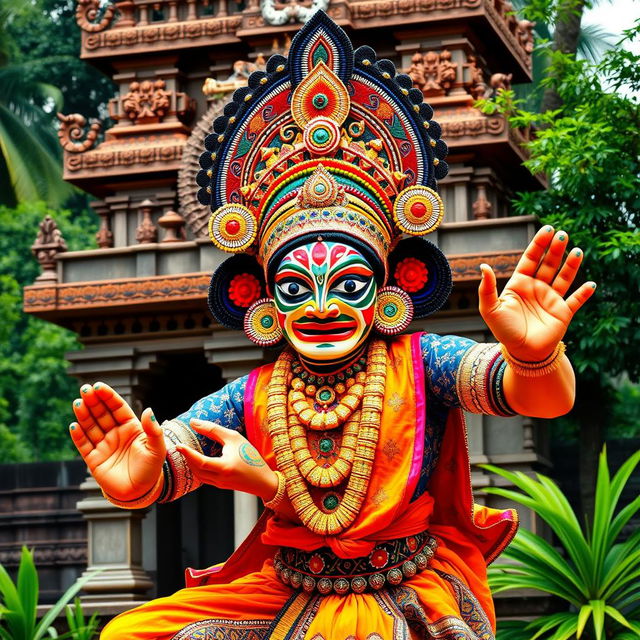 A vibrant and colorful depiction of a Kathakali dancer showcasing the intricate and expressive facial makeup and elaborate costume