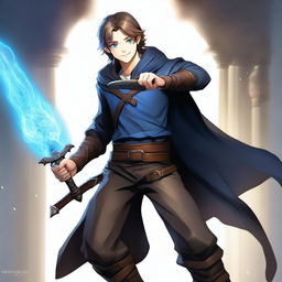 A high-resolution, full-body digital art image depicts a tall, slim, and strong teenage male with dark blond hair and bright blue eyes